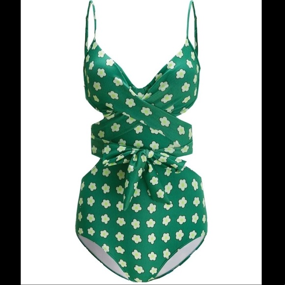 Green Floral Front Tie One Piece Swimsuit - Picture 2 of 5